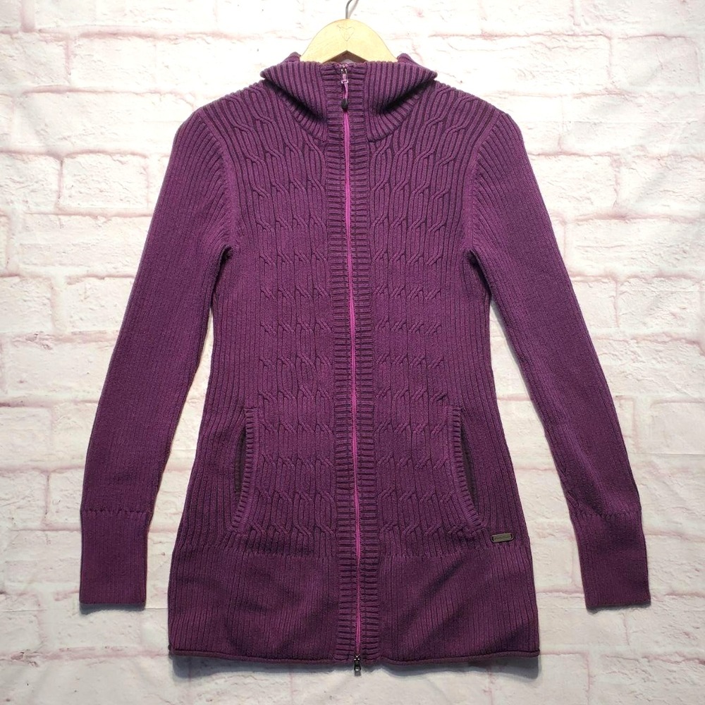 Eddie Bauer Sweater Cardigan Womens Medium Purple Full Zip Cable Knit Pockets